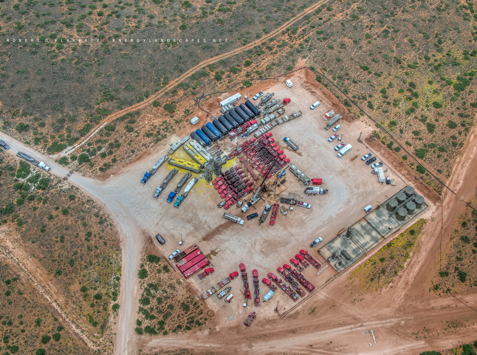 Eagle Ford Frac Detail features an aerial view of a frac Job in the far Western Eagle Ford near Carizzo Springs Texas.  Fine...